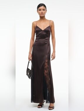 Staud SEALED! NWT! Trinity Lace-Inset Silk Maxi Dress in Earth. Sz 0. R2S!!